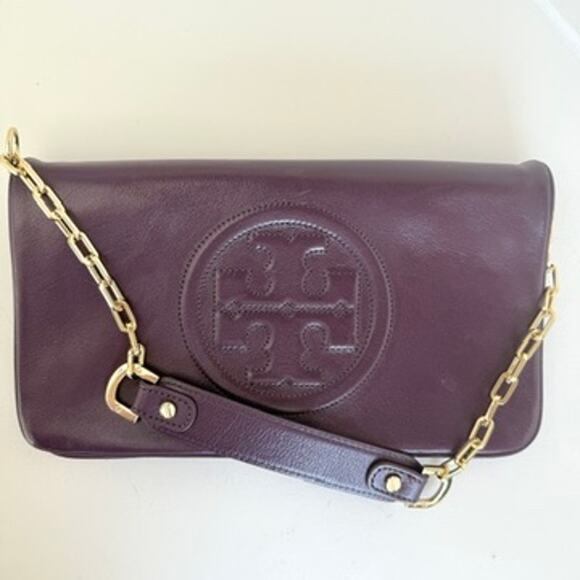 TORY BURCH Reva Shoulder Bag Wild Plum Purple Leather Chain Strap Logo Luxury - Picture 8 of 9